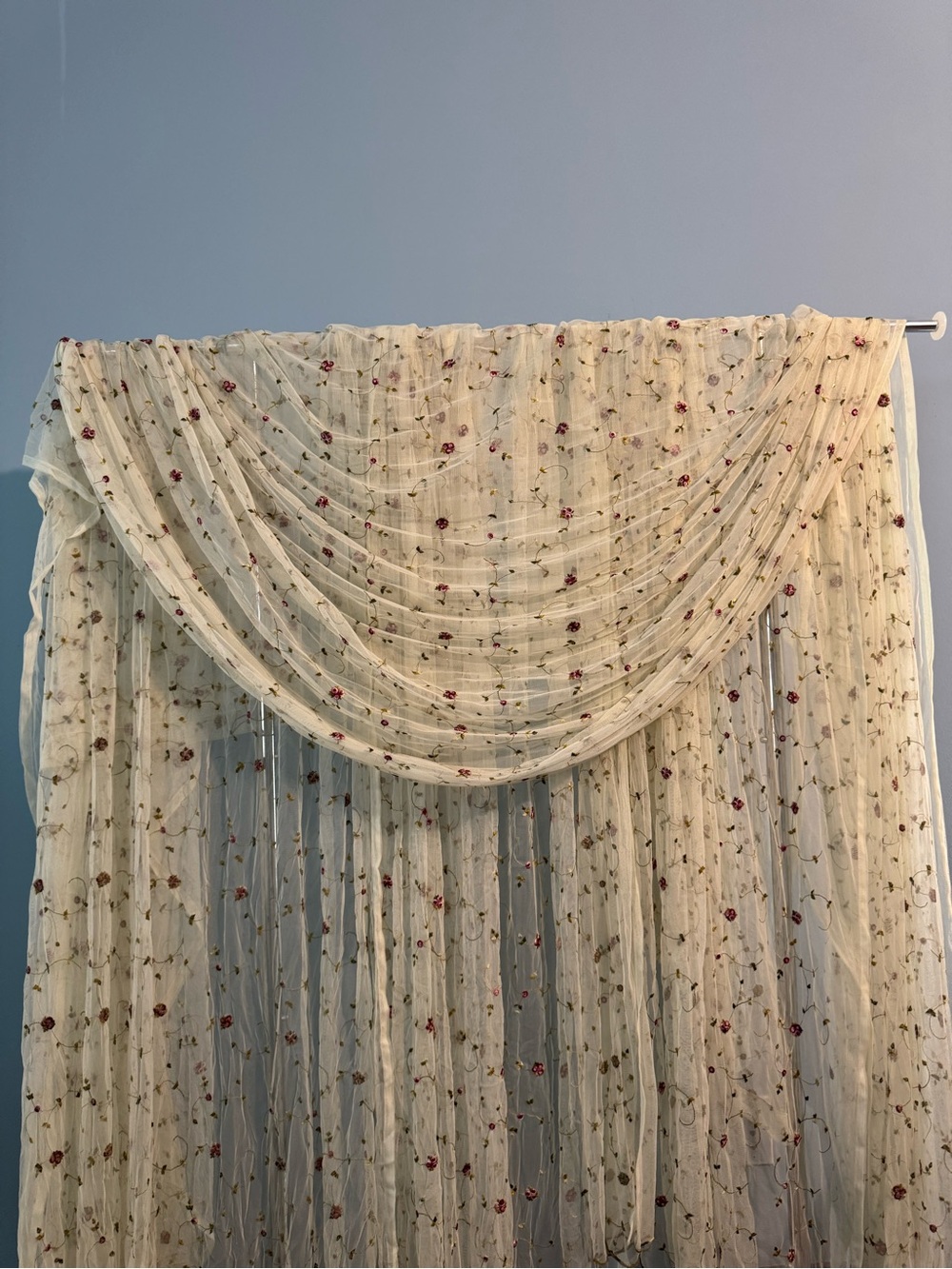 Sheer Embroidered Ivory Floral Curtain Panel with Red Accents